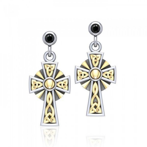 Portez votre style divin ~ Bijoux en argent sterling Boucles d’oreilles Celtic Cross avec accent or 18 carats