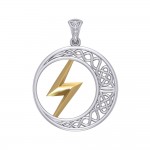 Zeus God Lightning Bolt with Celtic Crescent Moon Silver and Gold Pendant