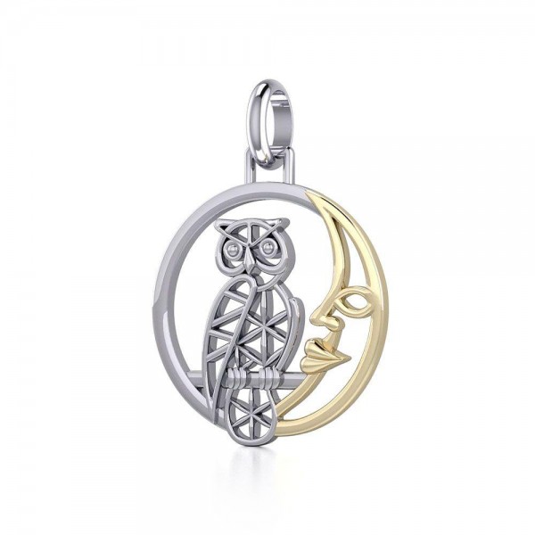 Silver Flower of Life Owl on The Golden Moon Pendant