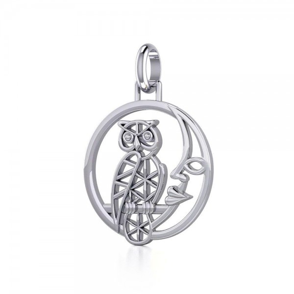Silver Flower of Life Owl on The Moon Pendant