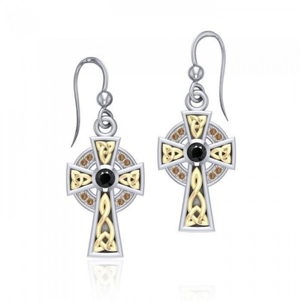 Un symbole honorable de la foi ~ Bijoux en argent sterling Boucles d’oreilles Celtic Cross Hook avec accent en or 18 carats