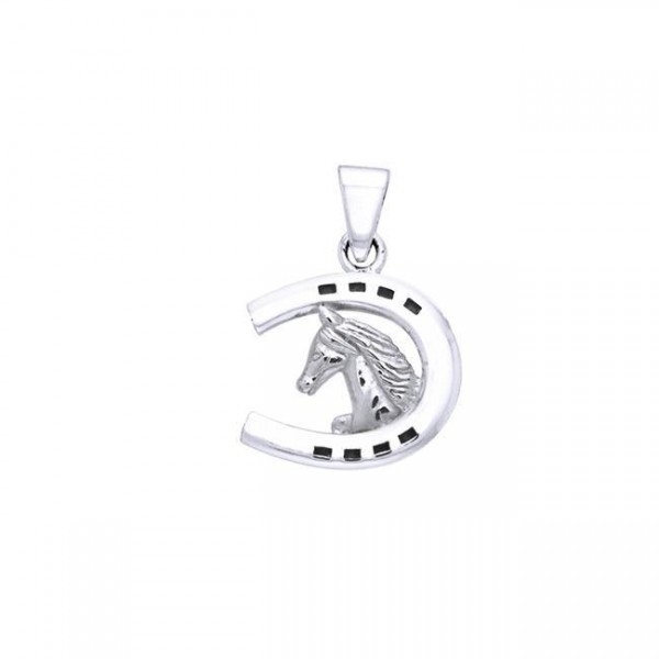Sterling Silver Friesian Horse in Horseshoe Pendant Jewelry