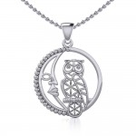 Silver Flower of Life Owl on The Crescent Moon Pendant