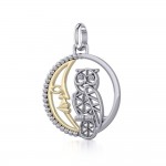 Silver Flower of Life Owl on The Golden Crescent Moon Pendant