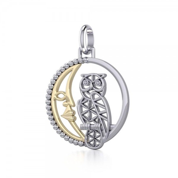 Silver Flower of Life Owl on The Golden Crescent Moon Pendant