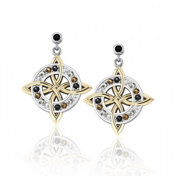 A magnificent inspiration of the Celtic pride ~ Celtic Four-Point Sterling Silver Earrings with 18k Gold and Gemstone