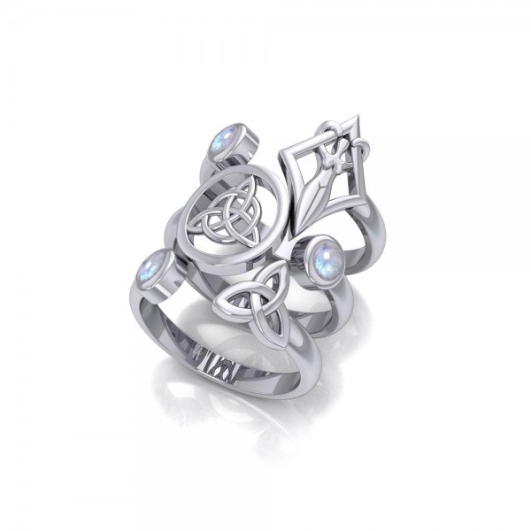 Silver Trinity Knot Triquetra and Goddess Stack Ring with Gemstone