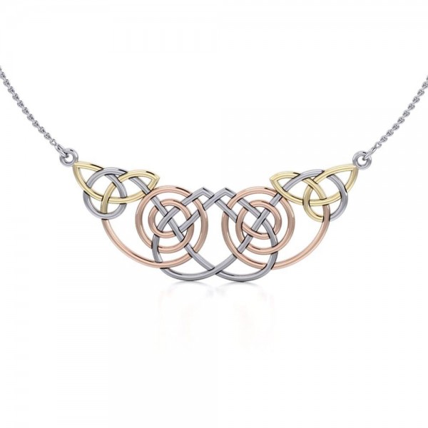 Un beau triomphe de la tradition celtique ~ Celtic Knotwork Sterling Silver Three Tone Necklace Bijoux avec or 14k et accent rose