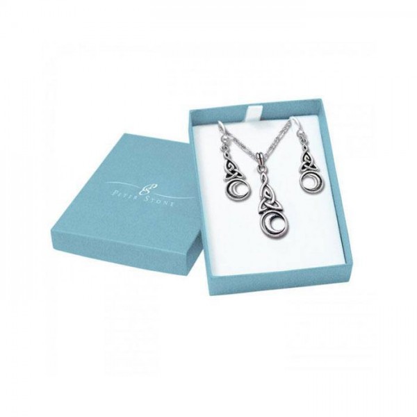 Celtic Knotwork Silver Triquetra with Crescent Moon Pendant Chain and Earrings Box Set
