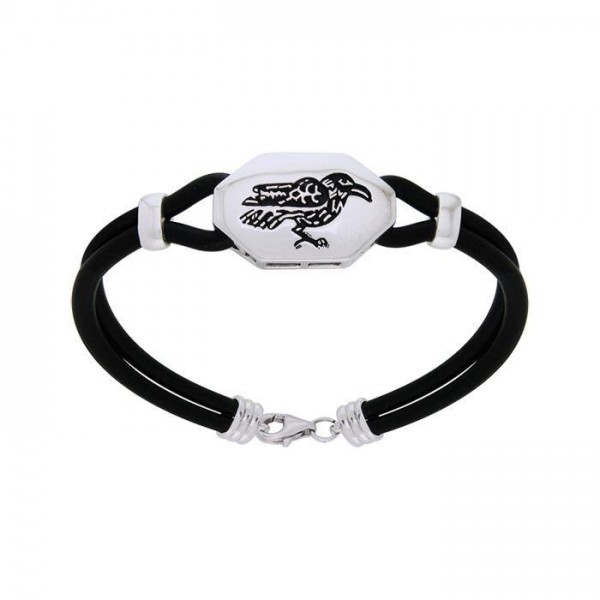 Sterling Silver Raven Leather Cord Bracelet