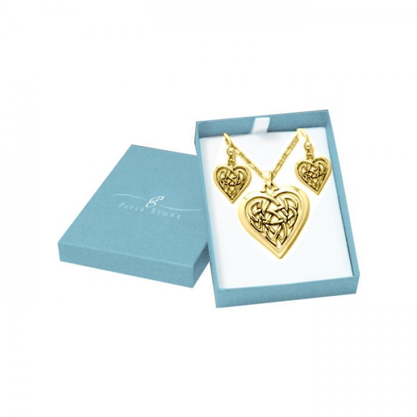 Celtic Heart Solid Gold Pendant Chain and Earrings Box Set