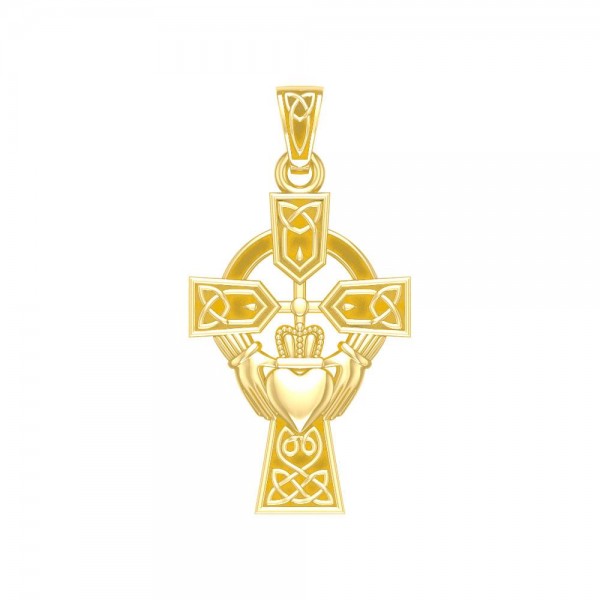 Celtic Cross and Irish Claddagh Solid Gold Pendant