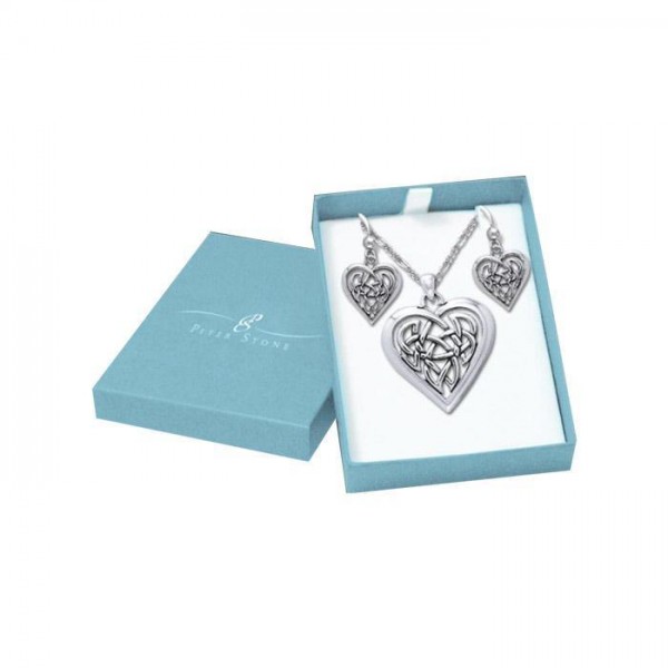 Celtic Heart Silver Pendant Chain and Earrings Box Set