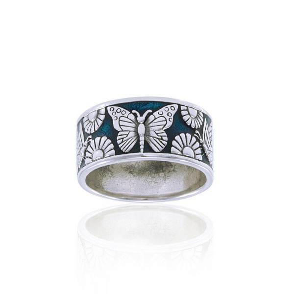 In a multicolored world of flowers and butterflies ~ Sterling Silver Jewelry Ring