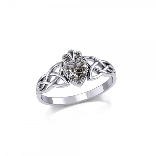 Irish Claddagh and Celtic Knotwork Silver Ring with Marcasite