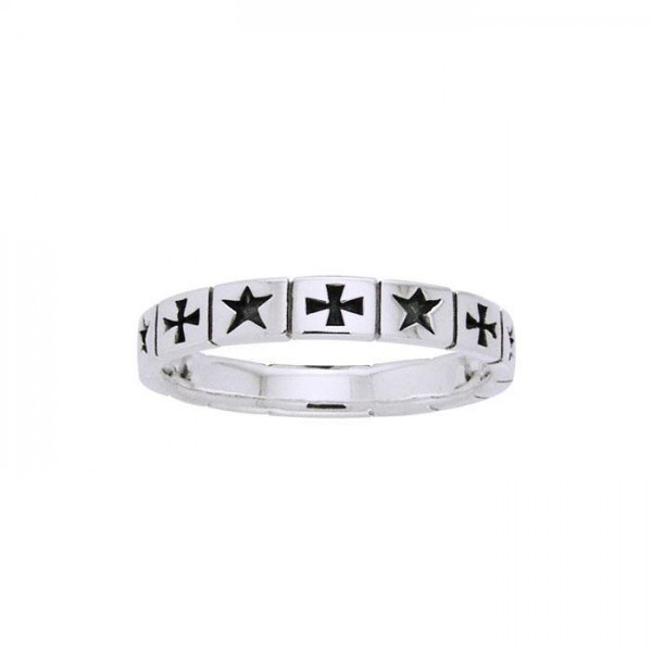 Cross and Star Silver Band Ring