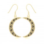 Crescent Moon Solid Gold Earrings with Marcasite