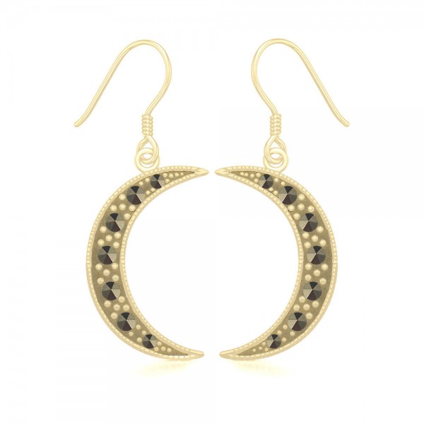 Crescent Moon Solid Gold Earrings with Marcasite