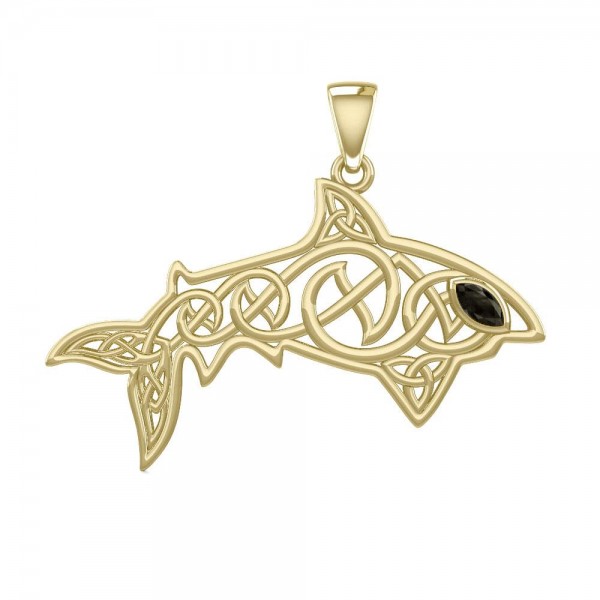 Celtic Knotwork Shark Solid Gold Pendant with Gemstone
