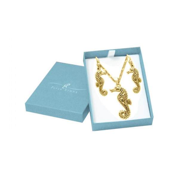 Beautiful as a Seahorse Solid Gold Pendant Chain and Earrings Box Set