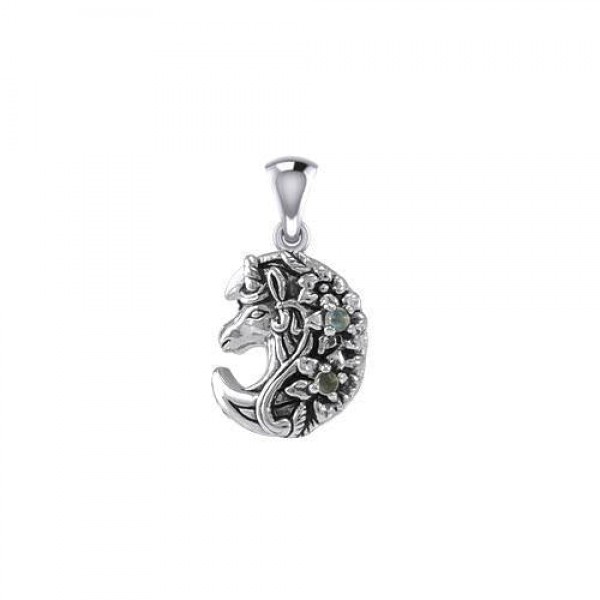 Mythical Moon Unicorn Silver Pendant with Gemstone