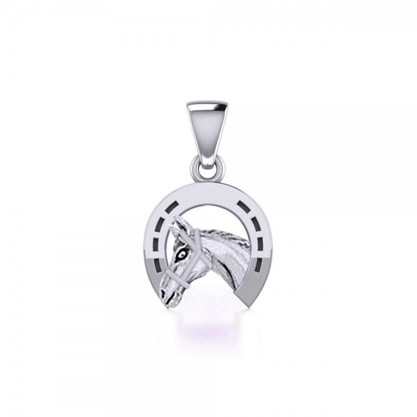 Horseshoe Equestrian Silver Pendant with Horse Head