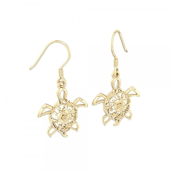 Sea Turtle Filigree Hook Earrings in 14k Gold