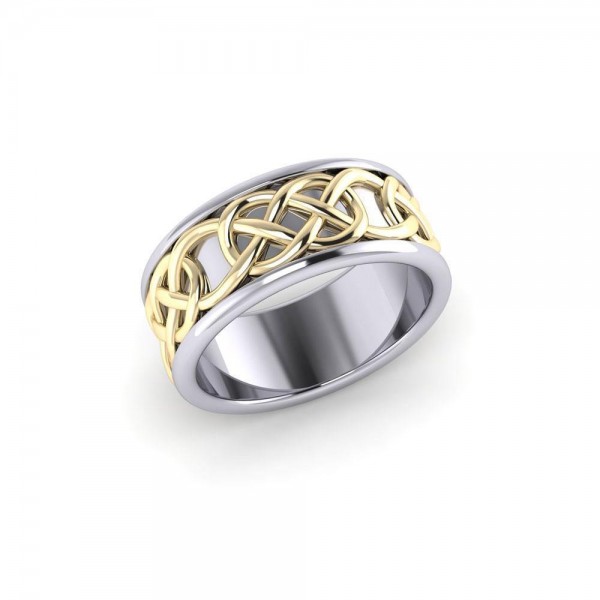 Intertwined eternity in all directions ~ Celtic Knotwork Sterling Silver Ring in Gold accent