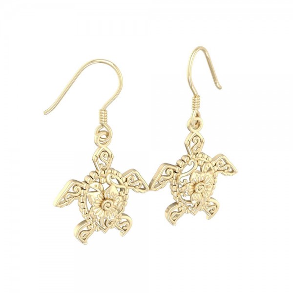 Sea Turtle Filigree Flower Hook Earrings in 14k Gold
