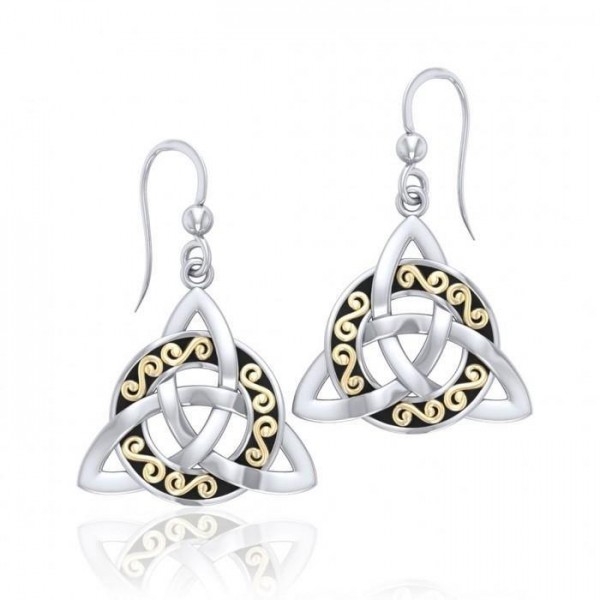 Celtic Knotwork Trinity Sterling Silver Hook Earrings with 18k Gold accent