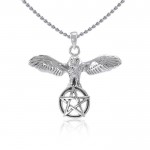 Flying Owl with Pentagram Silver Pendant