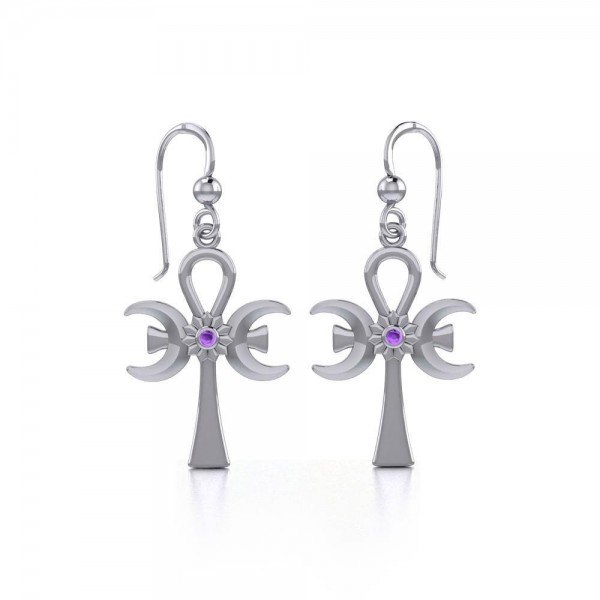 A breath of life ~ Sterling Silver Triple Goddess Ankh Hook Earrings with Gemstone