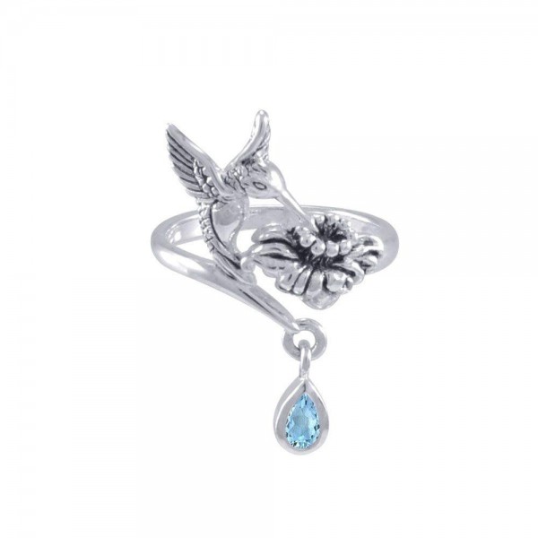 Silver Flying Hummingbird with Dangling Gemstone Flower Ring