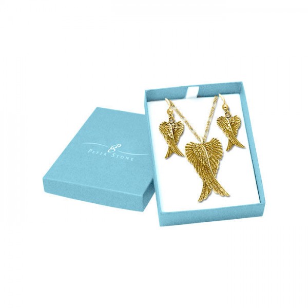 Wings of a Guardian Angel  Solid Gold Pendant Chain and Earrings Box Set