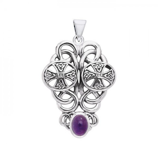 An intricate reminder of endless faith and courage ~ Celtic Knotwork Cross Sterling Silver Pendant Jewelry with Amethyst Gemstone