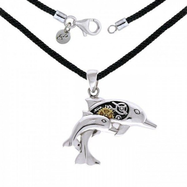 Steampunk Dolphins Sterling Silver and Gold Necklace Set