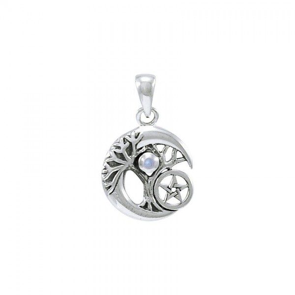 Crescent Moon Tree of Life with Pentacle Silver Pendant