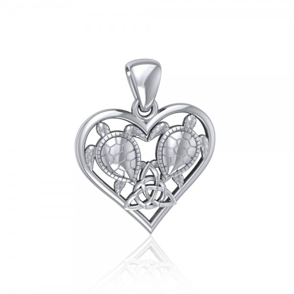 Tortues de mer argentées avec Triquetra celtique en pendentif de cœur