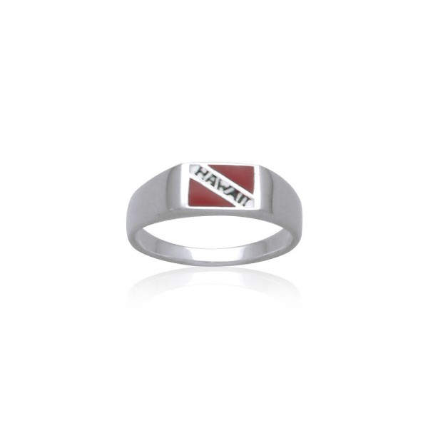 Hawaii Island Dive Flag and Dive Equipment Silver Small Ring