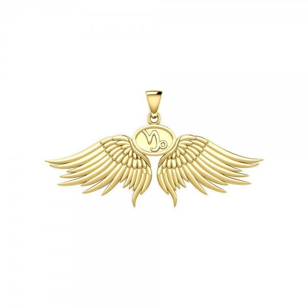Guardian Angel Wings Solid Gold Pendant with Capricorn Zodiac Sign