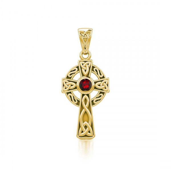 Celtic Knotwork Cross Solid Gold Pendant with Gem