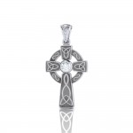 Celtic Knotwork Cross Silver Pendant with Gem