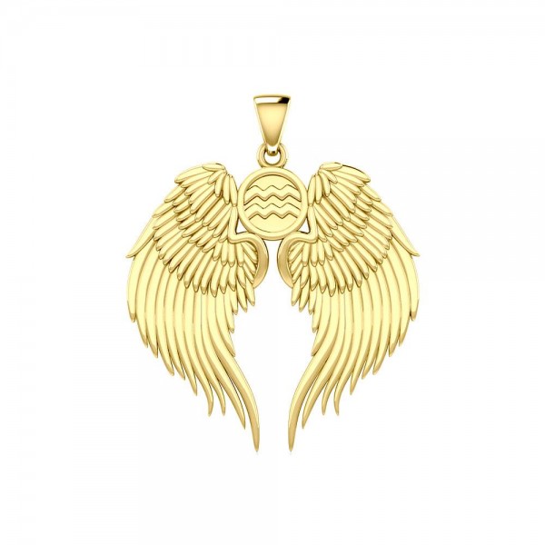 Guardian Angel Wings Solid Gold Pendant with Aquarius Zodiac Sign