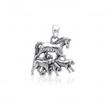 Running Horse with Dogs Silver Pendant