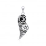 Wing with Moon and Star Silver Pendant with Black Enamel