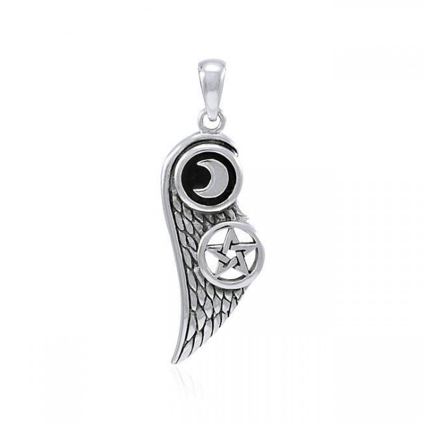 Wing with Moon and Star Silver Pendant with Black Enamel