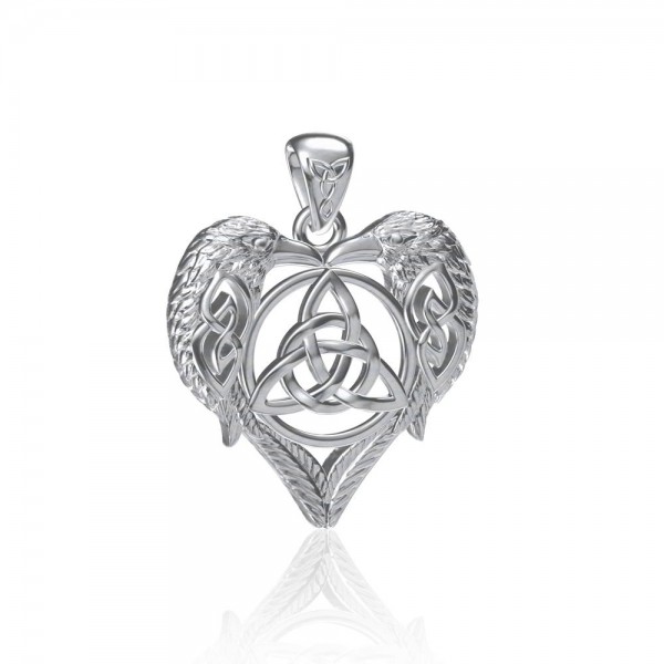 Silver Ravens Crows with Celtic Triquetra in Heart Pendant