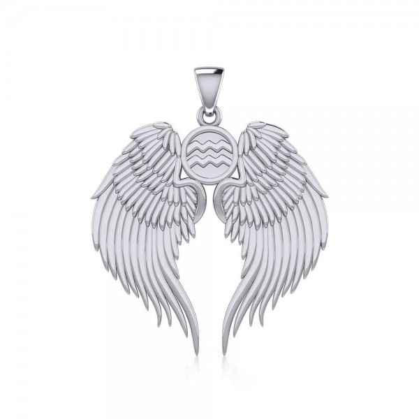 Pendentif en argent Guardian Angel Wings avec signe du zodiaque du Verseau