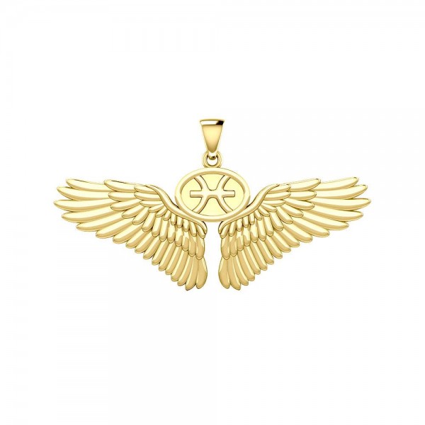 Guardian Angel Wings Solid Gold Pendant with Pisces Zodiac Sign