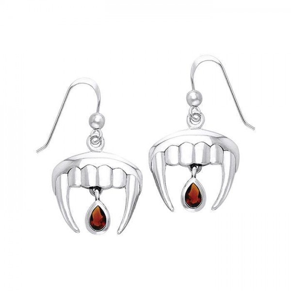 Vampire Teeth with Blood Drops Silver and Gem Earrings